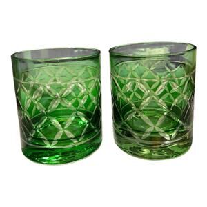 Vintage Emerald Green Cut to clear Crystal Rocks Glass 4" Bohemian Czech Style